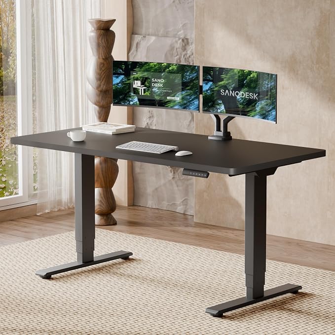 SANODESK Standing Desk with Dual Motor, 3-Stage Lifting Column, Handset with 3 Preset and Sit-Stand Reminder - 60 inch One-piece Black Desk/Black Frame, Height Adjustable Desk for Home and Office