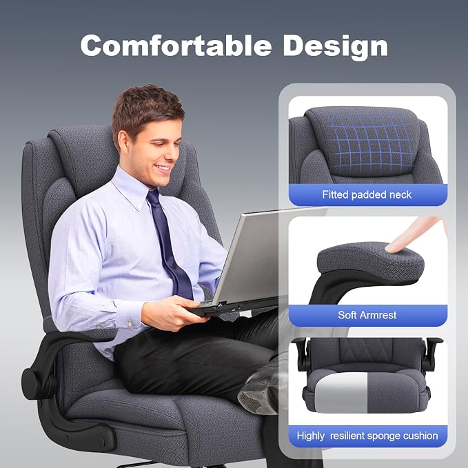 ralex-chair 2 Pack Big and Tall Office Chair -500 lb Heavy Duty Office Chair for Big Man, Fabric High Back Executive Office Desk Chair with 120° Tilt Rock,Computer Desk Chair with flip up arm - Grey