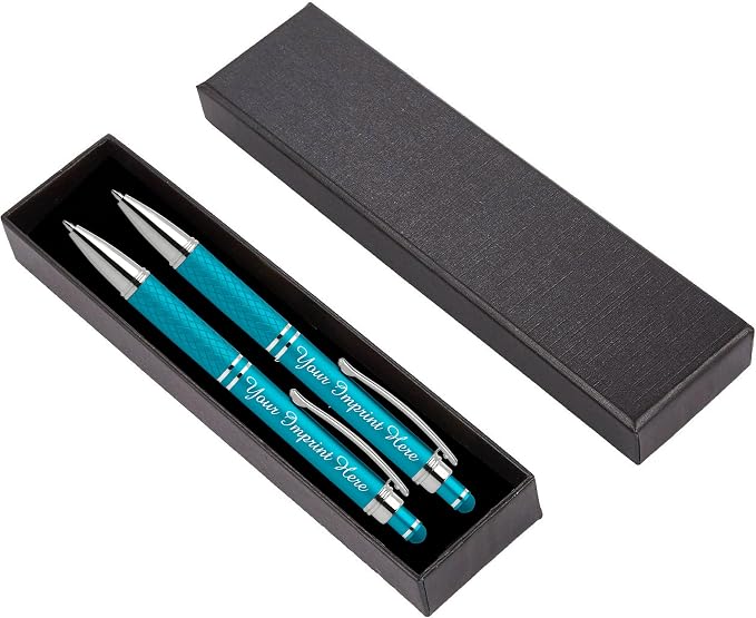 Custom Engraved Personalized Pen Gift Set - 2 Pack of Soft Touch Metal Ballpoint Pens with Gripper & Gift Box - Luxury Customized Pens with Name (Teal)