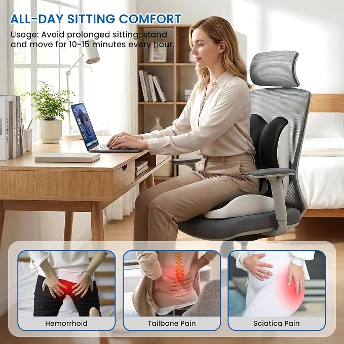 Car Seat Cushion Reducing Sciatica Pressure, Back & Tailbone Comfort | Hollow Design for Coccyx, Double-Sided Anti-Slip, Ergonomic Memory Foam Lumbar Cushion, Suitable for Long Sitting, 2PCS
