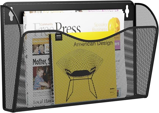 Single Pocket Wall File Holder, Mesh Hanging File Folder Paper Organizer, Vertical Wall Mounted Mail Basket, Storage Organization Magazine Rack for Office, Home and School, Black