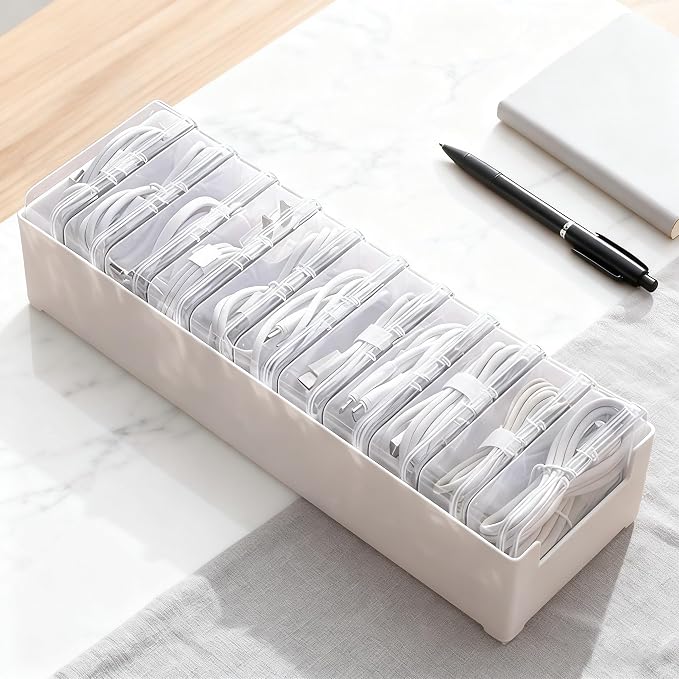 11 Grid Clear Cable Organizer Box with Switch for Desktop Cord Storage | Office desktop use, home wire sorting, stationery storage, detachable dividers, tidy cable arrangement