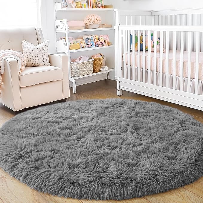 3'x3' Grey Round Rug for Bedroom, Ultra Soft Fluffy Circle Rug for Kids Girls Boys Room, Cute Small Shag Rugs for Living Room Playroom Teen Room Home Decor Rug