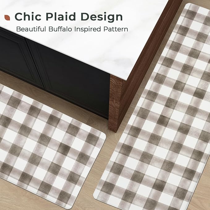 FRESHMINT Modern Farmhouse Plaid 2 Piece Set Kitchen Mats for Floor Anti Fatigue Waterproof & Non-Skid Kitchen Rugs Cushioned Kitchen Mat for Standing Washable Comfort Desk Kitchen Runners