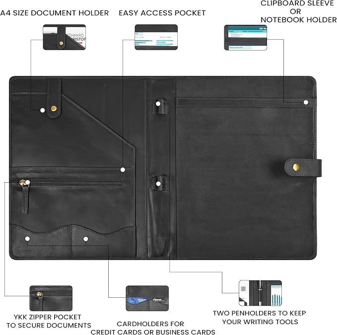 Leather Resume Portfolio Folder for Interview, Professional Padfolio Organizer Binder A4, Graduation & New Job Gift for Men Women – Black