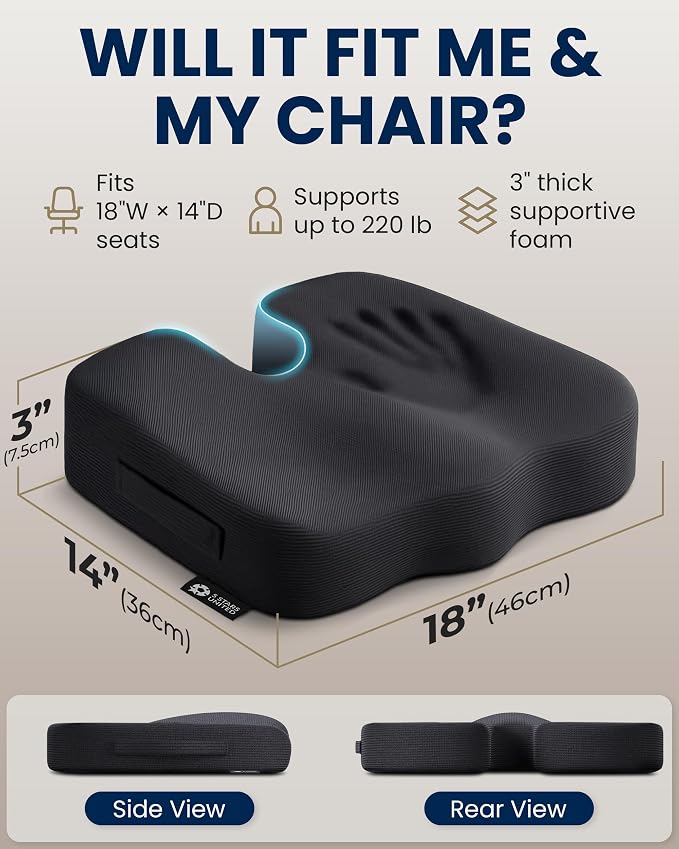 5 STARS UNITED Seat Cushion - Memory Foam & Cooling Gel - Chair Cushion for Tailbone Pain Relief - Ergonomic Support for Coccyx, Sciatica & Butt - Office, Desk & Gaming Chair, Car, Wheelchair, Black