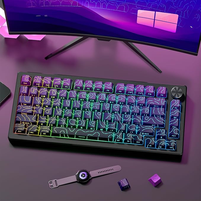 dagaladoo Topographic keycaps Line Backlit Gradient Purple keycaps Shine Through Keyboard Keys Side Printed Key caps Cherry Profile keycap Set for 61/64/66/68/71/75/84/87/100 Mechanical Keyboards