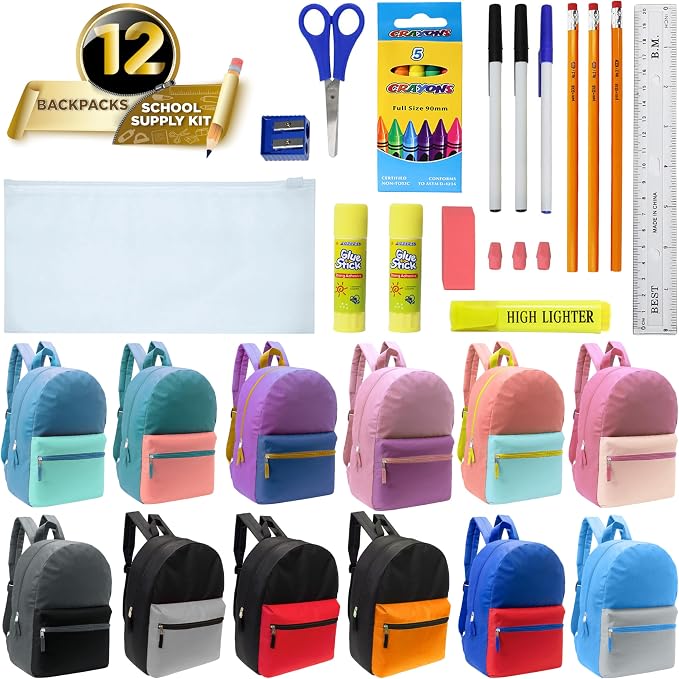 Moda West 17 Inch Bulk Backpacks with 22 Piece School Supply Kit - Case of 12 Wholesale Backpacks in Assorted Colors 6 Boy 6 Girl