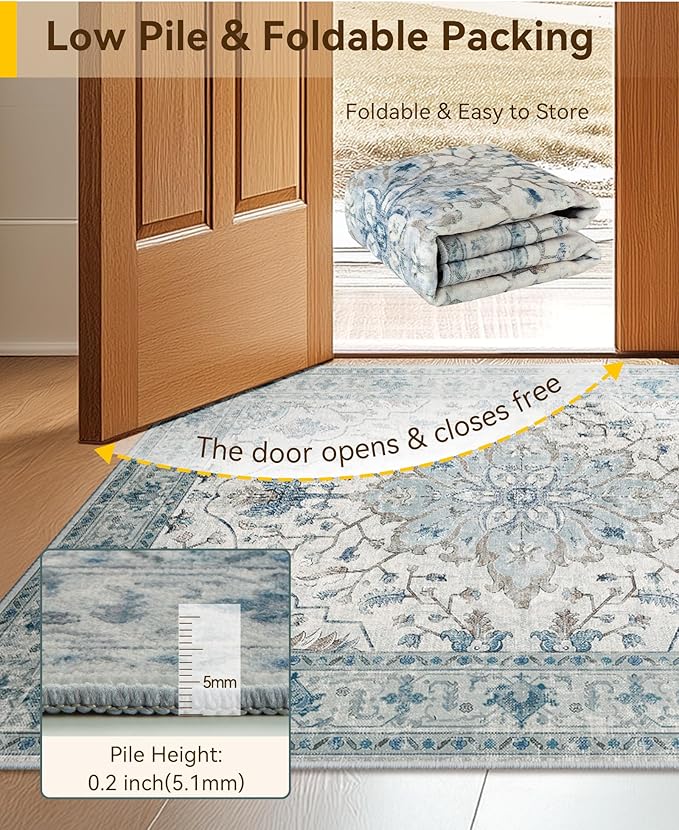 RELEANY Area Rugs Runner 2'x6' Washable Non-Slip, Floral Vintage Distress Medallion Carpet for Kitchen Hallway Bedroom Beside Laundry Room Bathroom, Light Blue Navy Gray White