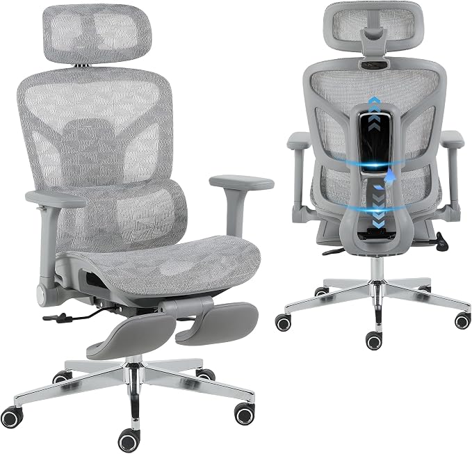 Korser Ergonomic Mesh Office Chair with Footrest, Big and Tall Desk Chair with 4D Flip-Up Arms, Auto-Tracking Lumbar Support, 3D Headrest, High Back Computer Gaming Chair for Home Office, White