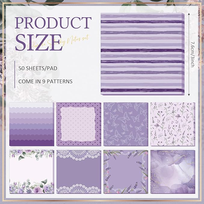 9 Pcs Aesthetic Sticky Notes Cute Pastel Self Stick Notepads Easy to Post Desk Supplies for Home Office Decor School Accessories Women Birthday Coworker Gifts(Purple)