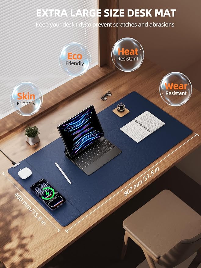 TopMade Mouse Pad with 15W Wireless Charging, XXL Large Leather Desk Mat, Waterproof Gaming Mousepad Home Office Desk Pad Protector, Blue (Includes 20W PD Power Adapter & 6.56ft Woven Cable)