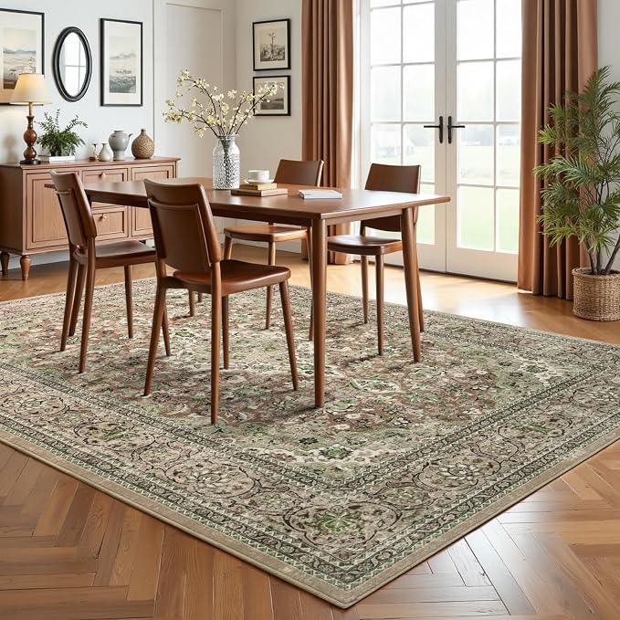 5x7 Green Washable Boho Area Rug for Bedroom, Vintage Floral Non Slip Living Room Rugs, Soft Low Pile Indoor Mat, Aesthetic Pattern Carpet for Kitchen and Dining Room