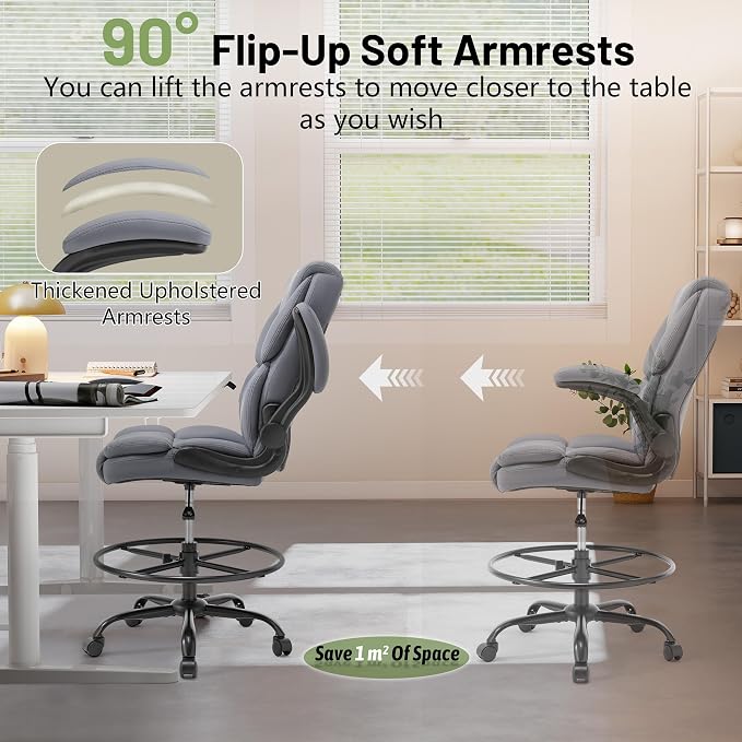 500LBS Drafting Chair, High Back Safer Standing Desk Chair, Executive Tall Office Chair with Flip-up Armrests, Upholstered PU Leather Task Chair, Ergonomic Seat with Adjustable Height&Foot Ring, Grey