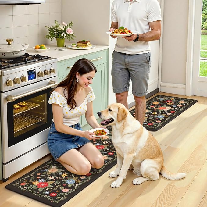 KIMODE Kitchen Mats Cushioned Anti Fatigue,Black Floral Kitchen Rugs Set | Padded Kitchen Floor Mats Non Slip,Comfort Kitchen Rugs Sets of 2,Foam Standing Mats for Bath Laundry Office 17"x47"+17"x29"