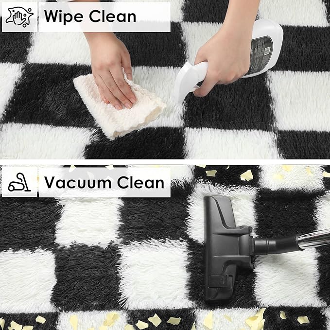 KICMOR 5x7 Rug for Living Room Bedroom, Fluffy Black and White Area Rug Fuzzy Shaggy Floor Carpets, Big Large Soft Plush Checkered Rugs for Kids Girls Boys Room Dorm Nursery, Home Decor Aesthetic