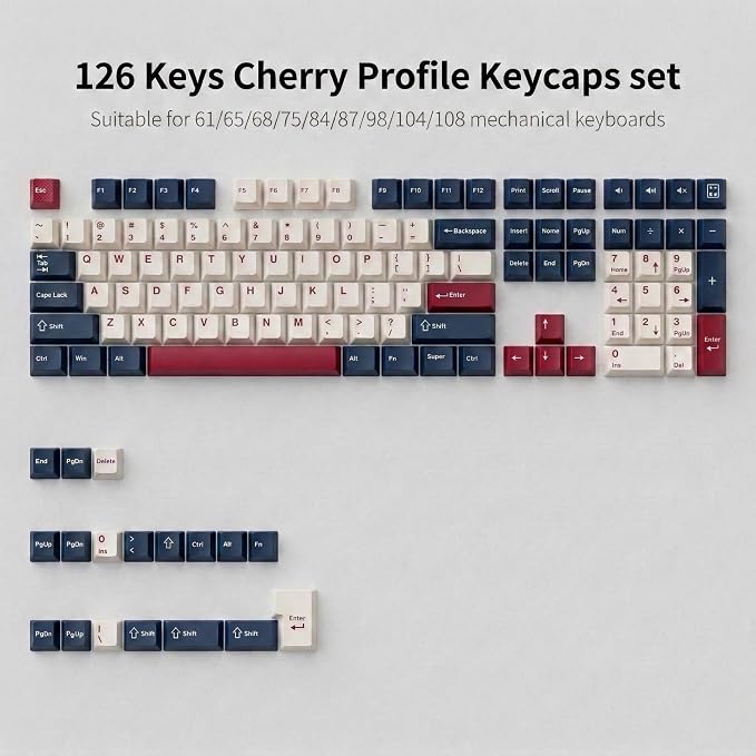 126 Keys Blue White Red Keycaps, PBT Double Shot Cherry Profile Keycap Set, Custom Mechanical Keyboard Keycaps for 60% 65% 75% 87% 100% ANSI Layout，Cherry Mx Switches