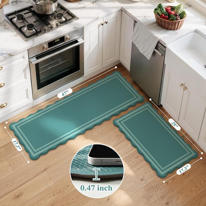 KIMODE Anti Fatigue Kitchen Mats,Turquoise Scalloped Rugs for Kitchen Floor | Padded Kitchen Floor Mats,,Boho Kitchen Rugs Sets of 2, Cushioned Standing Mat for Laundry Office Sink Desk 17"x47"+17"x29"
