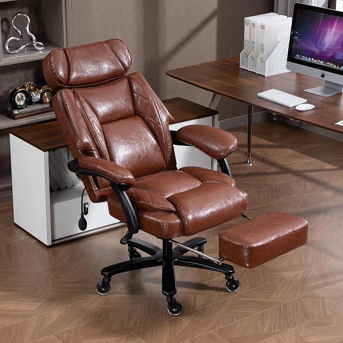 750 LBS Big and Tall Executive Home Office Chair w/Footrest, Black | PU leather, Built for Heavy People, Lumbar Airbag, High Back, Wide Seat, Reclining 90°-155°, Home Office Gaming Room