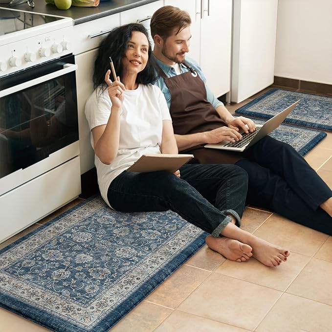 KIMODE Anti Fatigue Kitchen Mats for Floor, Boho Distressed Blue Kitchen Rugs Sets of 2, Padded Kitchen Floor Mats Non Slip, Cushioned Standing Mats for Sink, Laundry, Desk 17"x59"+17"x29"