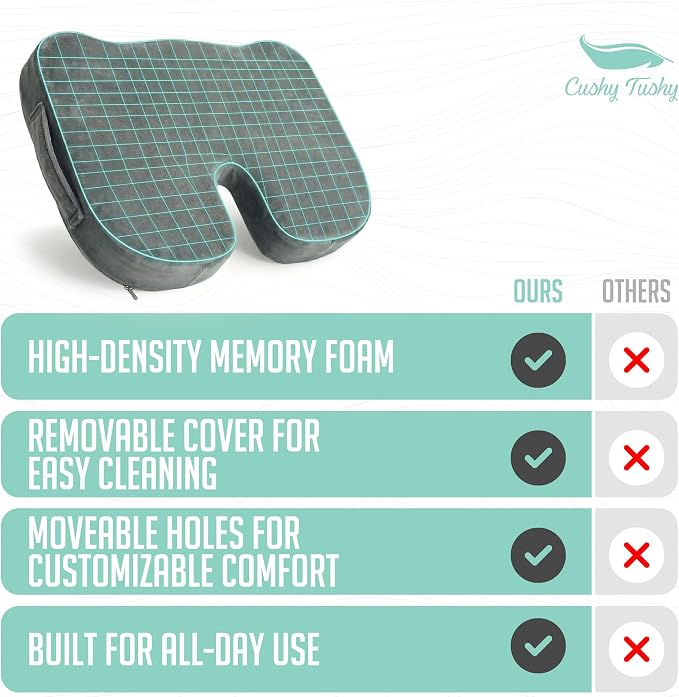 Cushy Tushy Premium Customizeable Seat Cushion, Gray | Moveable Holes, Customizable High Quality Foam, Relief for Lower Back, Sciatic, & Tailbone Pain
