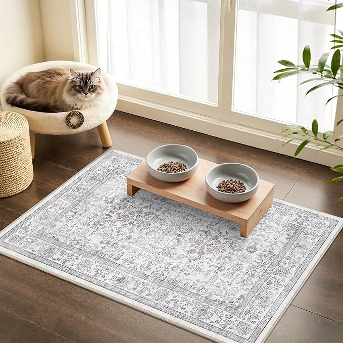 2x3 Gray Entryway Rug Non Slip Washable Area Rug Soft Vintage Boho Throw Rug Retro Distressed Floral Carpet Indoor Farmhouse Decor Low Pile Small Door Mat for Kitchen Bathroom Bedroom Laundry Office
