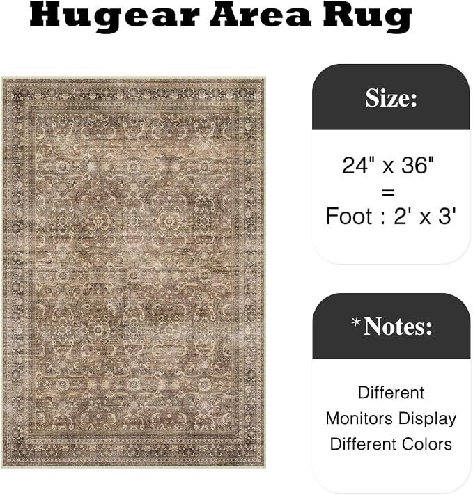 HUGEAR 2x3 Entryway Area Rug Vintage Brown Small Rug Machine Washable Door Mat Retro Floral Low Pile Carpet Vacuumable Distressed Throw Rug Entrance Kitchen Bathroom Bedroom Non Slip Lightweight