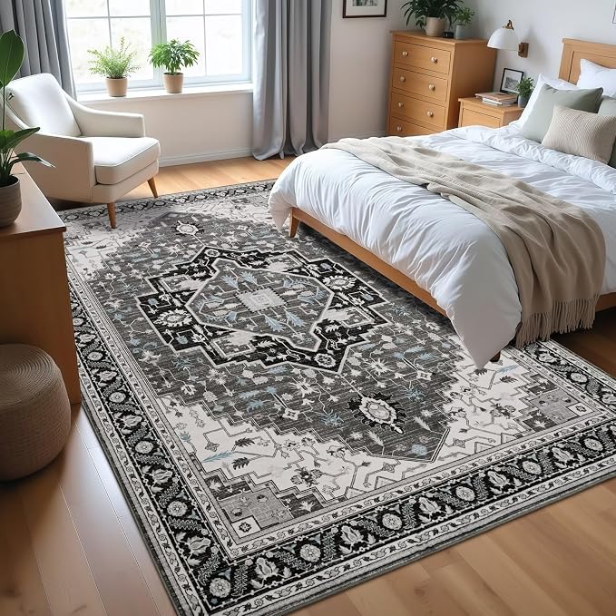 Macgace 6x9 Black Grey Area Rug for Living Room, Machine Washable Rugs with Non-Slip Backing for Bedroom, Vintage Medallion Carpet Dining Room Office Kids Room Decor