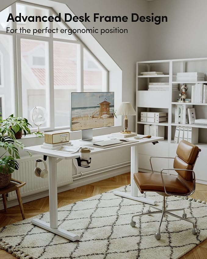 FEZIBO Standing Desk, 44 × 22 Inches Electric Height Adjustable, Sit and Stand Up, Computer Office Desk with Splice Board, White Frame/White Top