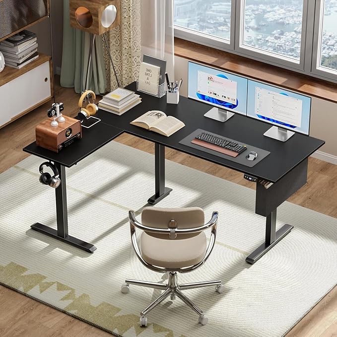 Korfile L Shaped Electric Standing Desk,63 Inch Adjustable Height Sit to Stand Corner Desk with Memory Presets, Reversible Computer Table for Home Office, Work and Study, Black
