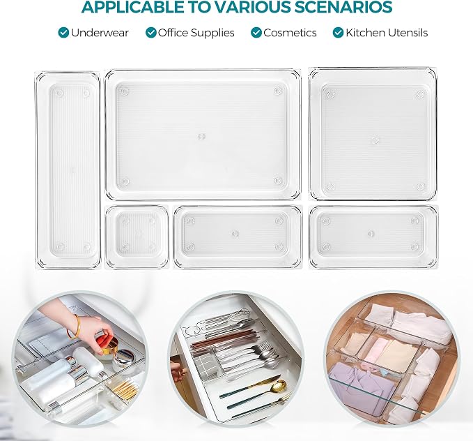 4 Pack Drawer Organizers, 6"X 9" Clear Acrylic Storage Bins | Acrylic Tray Design, Non-Slip Pads, Desk Storage Helper, For Makeup, Jewelry, Kitchen, Bathroom, Office Organization