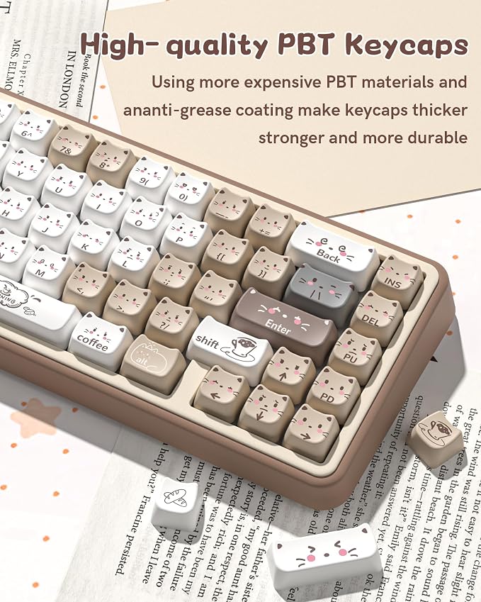 Keymatic Meow Meow Squad Cat Keycaps, Dye-Sublimation PBT MOA Profile, 129 Keys Custom CuteKey caps Set for 100%, 75%, 65%, 60% Mechanical Keyboard(Only Keycap Set)