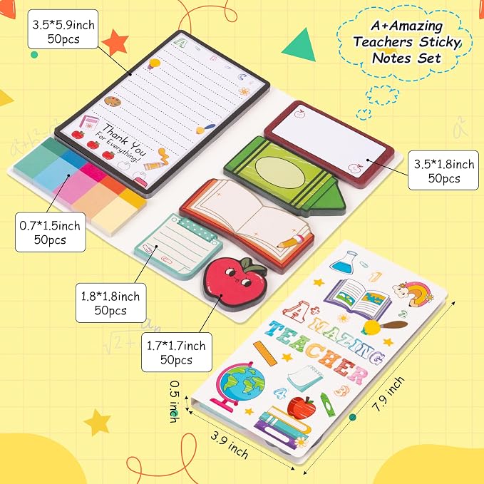 B1ykin Cute Sticky Notes Set - A+ Amazing Teacher Self-Stick Notes Pad, 550 Sheets Writing Memo Pages Sticky Notepad for Appreciation Gifts, School Office Party Favors Supplies (A+ Teacher)