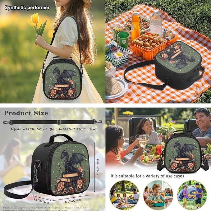 Black Dragon Backpack Set - Elementary School Backpacks for Boys Girls with Lunch Box - 17 Inch Book Lover Bookbag for Kids Ages 6-10 Back to School