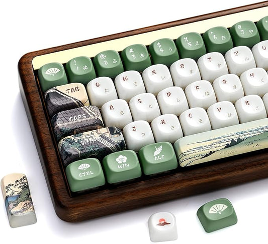 OHY XVX MOA Profile Keycaps Set, Japanese Mount Fuji Theme, 129 - Key White & Green Custom Keycaps with PBT + Frosted Translucent PC Material for US Layout Mechanical Keyboards