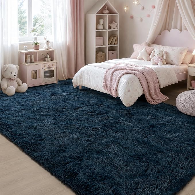 Zentavio Navy Blue Area Rugs for Living Room Boys Rugs for Bedroom 9x12 Large Shag Washable Carpet Soft Furry Fluffy Aesthetic Kids Playroom Rugs for Teen Home Decor