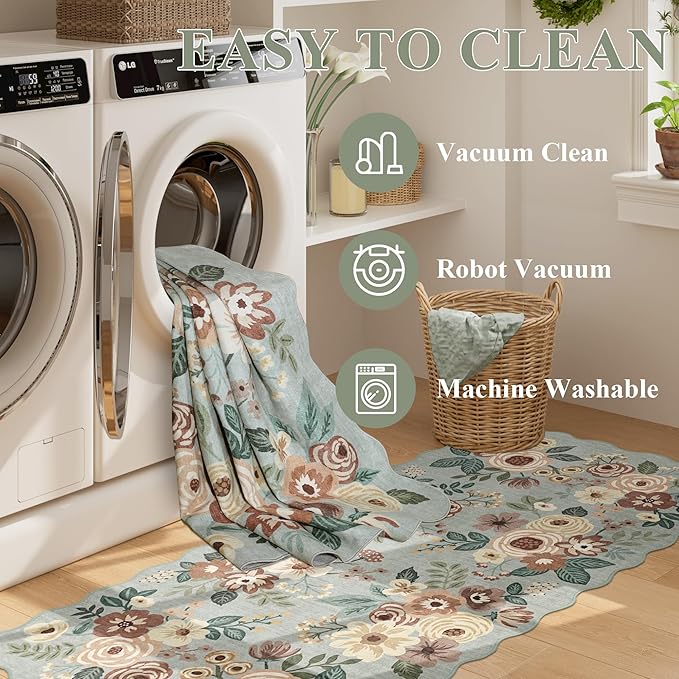 DUKINO 2.6x8 Runner Rug for Hallway, Washable Kitchen Rug with Non Slip Backing & Non-Shediing, Soft Low Pile Floral Design Runner for Bedroom, Kithchen, Living Room, Laundry, Bathroom, Sage Green