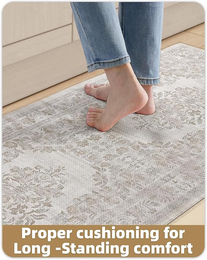 Color&Geometry Kitchen Floor Mat 24x59 Faded Vintage Anti Fatigue, Khaki | 0.4in Cushion Standing Mat For Cooking/Working/Laundry, Boho Decor, Non Slip PVC Kitchen Rug, Oil/Water Proof, Anti Slip
