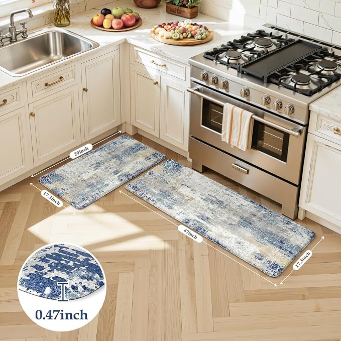 LEEVAN Anti Fatigue Kitchen Mats for Floor, Cushioned Kitchen Mat Set 2PCS | 17.3"x29"+17.3"x47", Modern Abstract Blue Kitchen Rugs Non-Slip, Waterproof Ergonomic Standing Mat for Laundry, Office, Sink