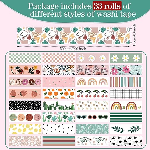 TaoBary 33 Rolls Washi Tape Set, 15 mm Holiday Washi Tape Set Seasonal Plaid Bohemian Colorful Vintage Cute for Card Wrapping Craft(Bohemia Style)