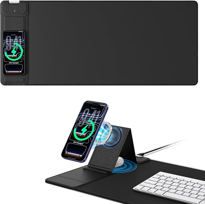 Mouse Pad with Magnetic Wireless Charging & Adjustable Phone Stand | 27.5"x11.8" Computer Mouse Mat with Anti-Slip Base & Stitched Edge, Easy Gliding, Spill-Resistant Surface, Black