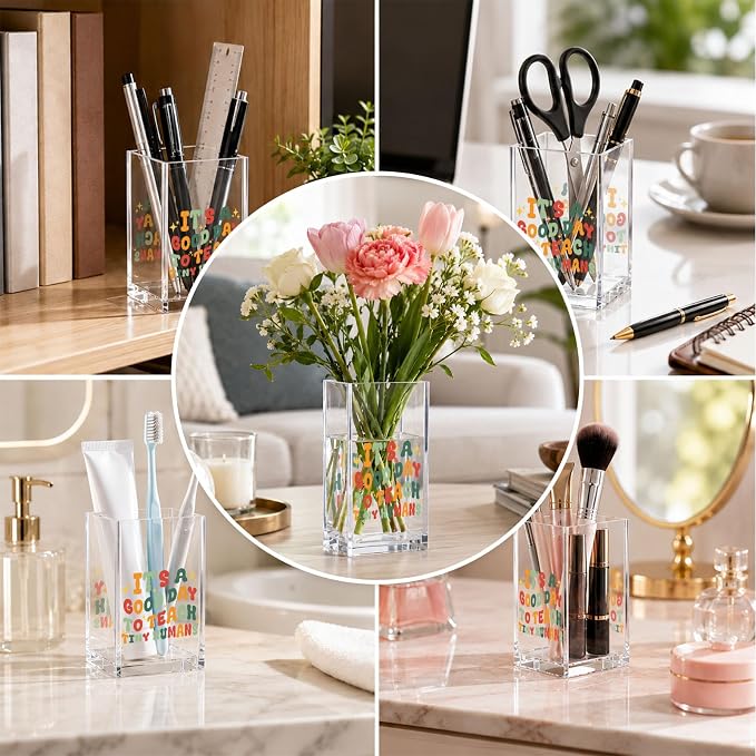 Teacher Acrylic Pen Holder Cup, Aesthetic Desk Decor, Inspirational Pencil Holder Organizer, Teacher Appreciation Gift for Women, Cute Office Desk Accessories