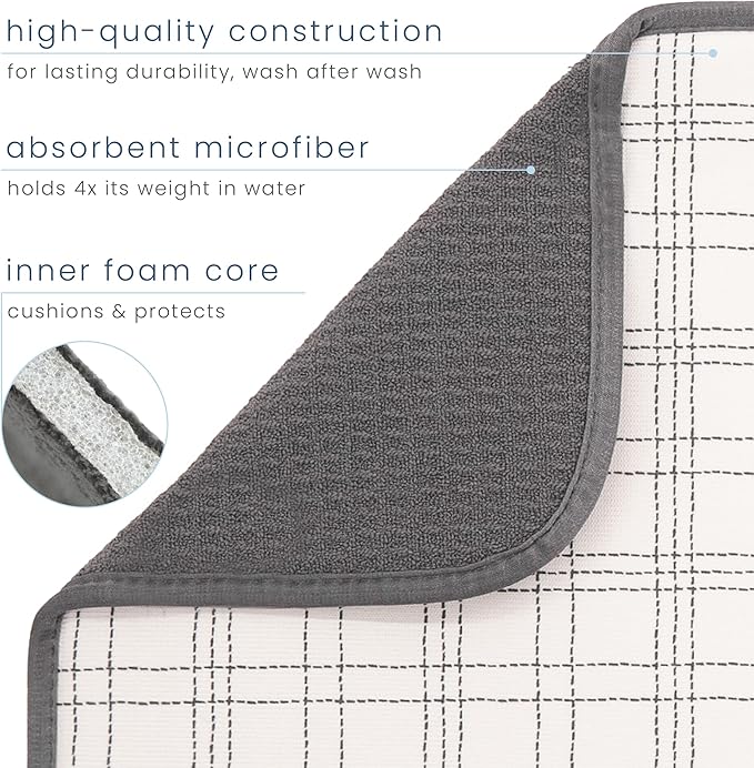 S&T INC. Dish Drying Mat XL, 18” x 24”, Absorbent Microfiber Kitchen Counter Mat, Dish Drying Pad for Dishes, Utensils, Pots and Pans, Extra Large, Stitched Plaid