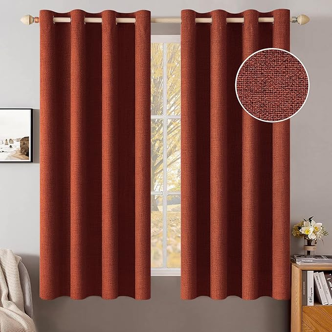 MIULEE Linen Curtains for Bedroom 100% Blackout Thermal Insulated Burnt Orange Grommet Room Darkening Curtains & Drapes Rust Terracotta Fall Decor for Living Room 52 x 63 Inch (2 Panels)