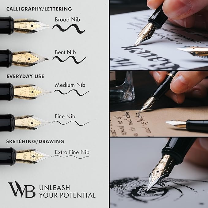 Wordsworth & Black Fountain Pen Set, 18K Gilded Bent Nib, Includes 24 Pack Ink Cartridges, Ink Refill Converter & Gift Box, Gold Finish, Calligraphy, [Black Gold], Perfect for Men & Women