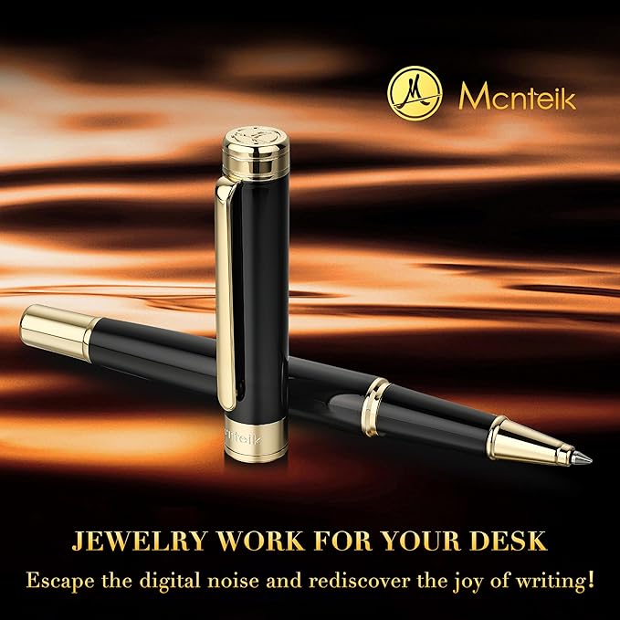 Black Lacquer Rollerball Pen - Stunning Luxury Pen, 24K Gold Plating, Schmidt Refill, Precision Flow Ink, Best Roller Ball Gift Set for Men & Women, Professional, Executive Fancy, Nice Pens