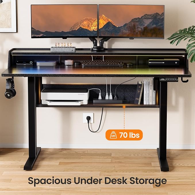ErGear Electric Standing Desk, 48x24 Inch Adjustable Sit Stand Desk with Bookshelf & Monitor Stand, Standing Gaming Desk with LED Light Strip, Stand Up Desk for Home Office, Black | Raised Monitor Stand, 27.9–46.9 Inch Height Range, 4 Memory Presets, 1...