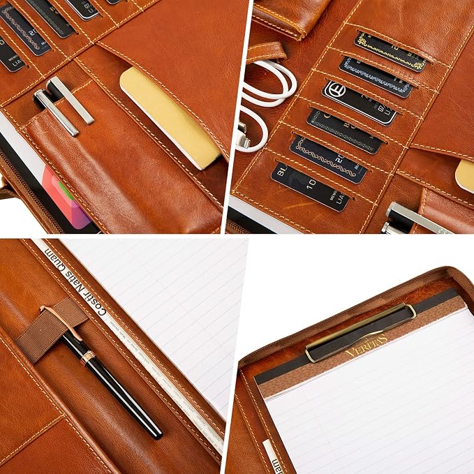 Oil Wax Leather Portfolio, Padfolio Organizer with Handle, Personalized Padfolio，Padfolio With Zipper for Men Women，Suitable for 15-inch Laptop Legal Pad Padfolio, Brown