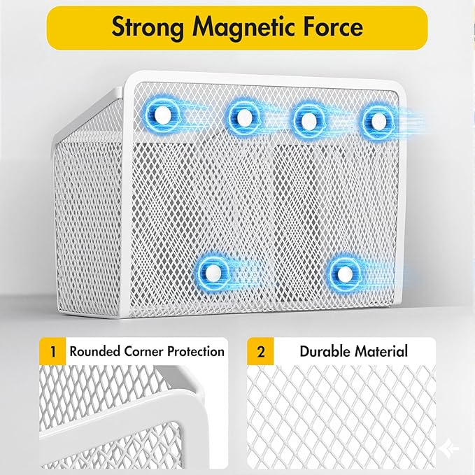 BEYGORM Magnetic Dry Erase Marker Holder for Whiteboard, Mesh Pen & Pencil Holder for Refrigerator, Strong Magnetic Basket for School Locker, Office & Classroom Organizer (White, 1-Pack)