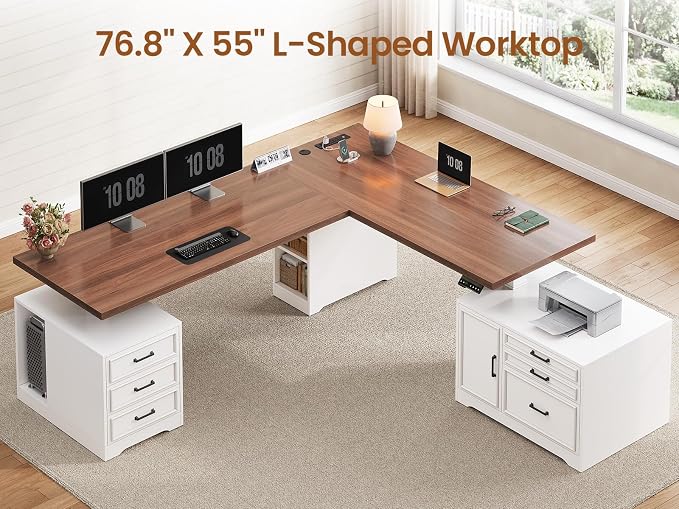 SEDETA Farmhouse L Shaped Electric Standing Desk with File Cabinet, 77 x 55'' Height Adjustable Home Office Computer Desk with 6 Drawers, Power Outlet, Sit Stand Desk, White